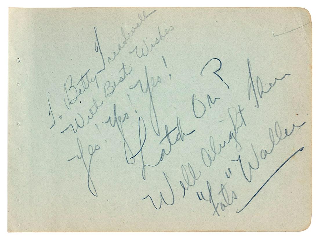 WALLER, Thomas “Fats” (b. 1904-1943). Autograph note signed. (1 of 1)