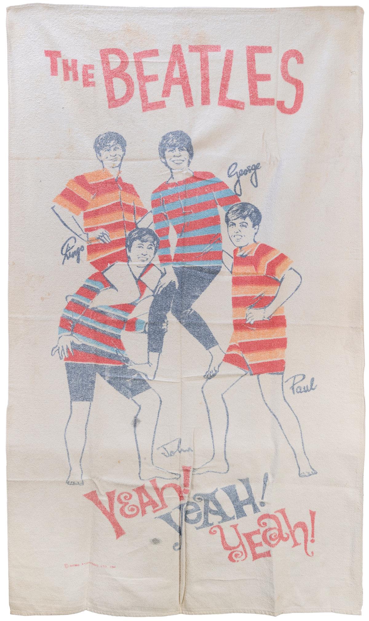 THE BEATLES. Beach towel. Cannon, ca. 1964. Pictorial white... (1 of 1)