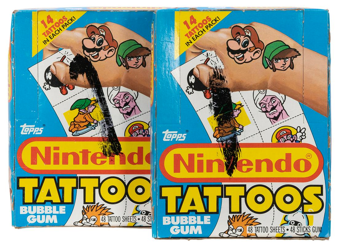 1989 Topps Nintendo Tattoos Boxes with 48 Unopened Wax Pack...: 1989 Topps Nintendo Tattoos Boxes with 48 Unopened Wax Packs. Duryea: The Topps Company, Inc., 1989. Two opened boxes, each with 48 unopened wax packs, each with 1 sheet of 14 tattoos and 1 stick of b