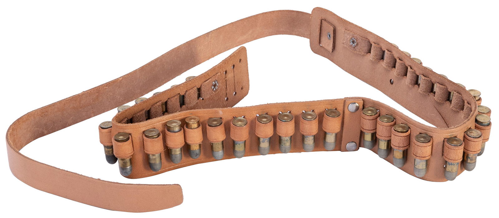 Bandolier for Winchester Saddle Gun. Los Angeles: Mattel, I...: Bandolier for Winchester Saddle Gun. Los Angeles: Mattel, Inc., 1958. Leather (“Santa Cruz Splitsteer” from the small paper insert) bandolier belt, complete with all 32 “All Metal