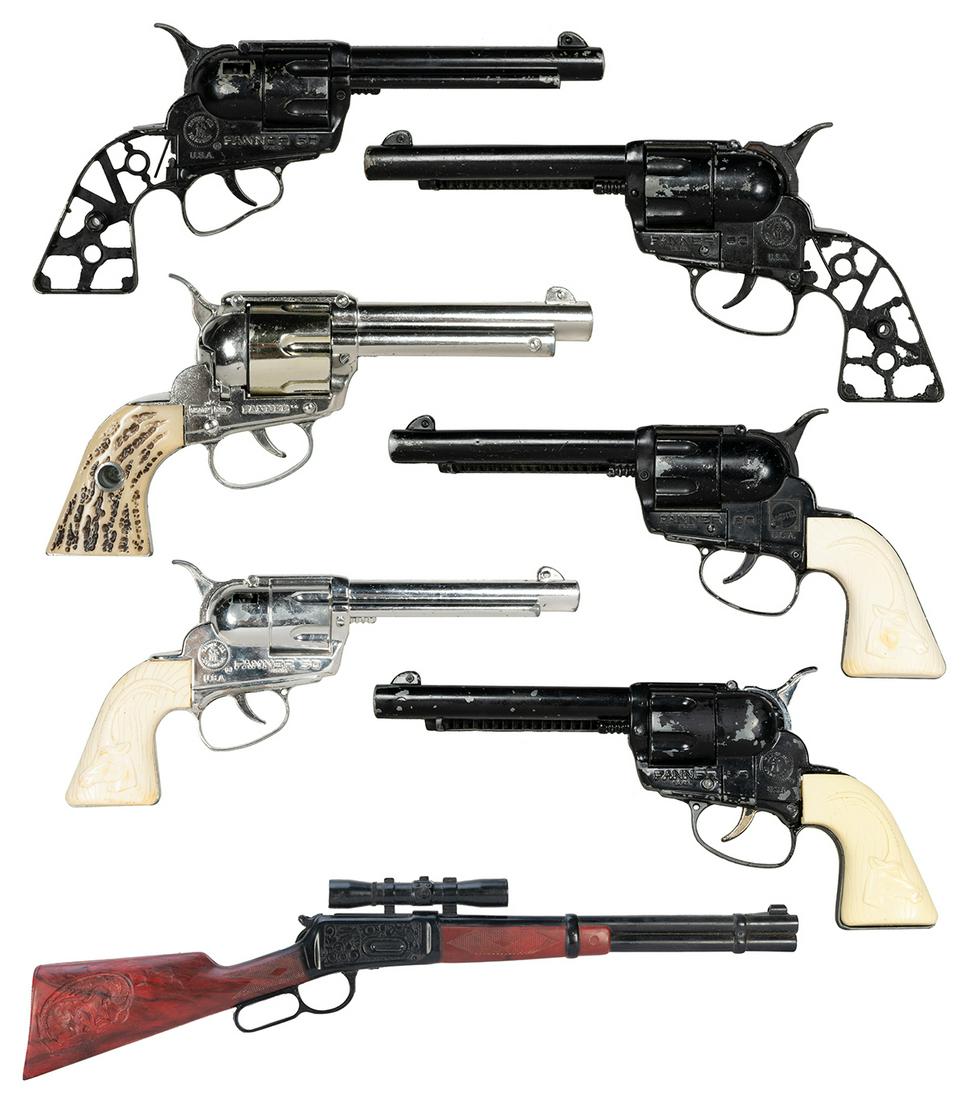 Group of mainly Mattel cap guns in need of repairs. Mattel,...: Group of mainly Mattel cap guns in need of repairs. Mattel, Inc., ca. 1950-60s. 5 “Fanner 50” pistols (4 black, 1 silver) with broken grips (grips are present). 1 extra set of grips are of