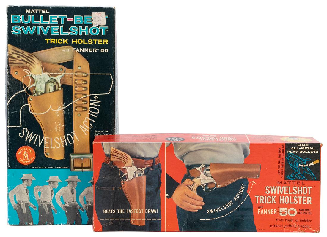 Group of 2 Mattel Swivelshot Fanner-50 Trick Holster Pistol...: Group of 2 Mattel Swivelshot Fanner-50 Trick Holster Pistol Sets with Boxes. Los Angeles: Mattel, Inc, ca. 1950s. Two cap pistols, with original holsters, one with bullets in the belt (the other was n