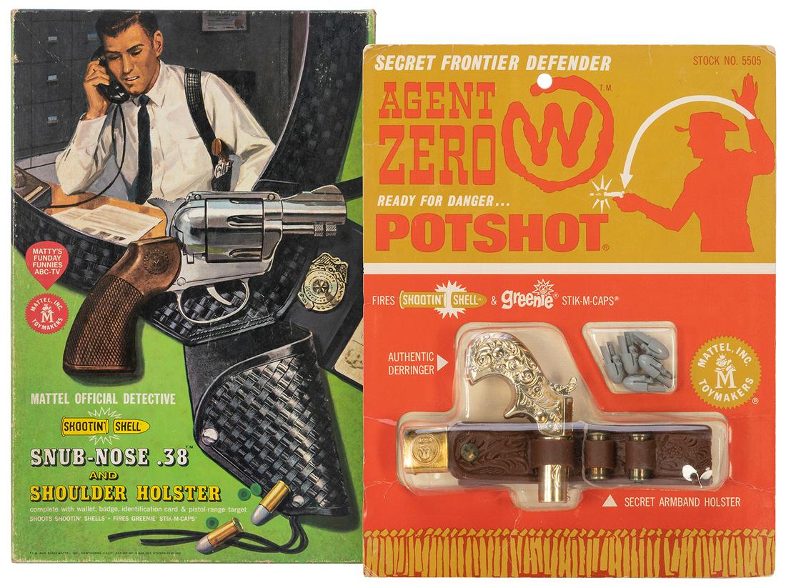 Group of 2 Cap Gun Pistol Sets with Original Packaging. Los...: Group of 2 Cap Gun Pistol Sets with Original Packaging. Los Angeles: Mattel, Inc., ca. 1960s. Including: ‘Mattel Official Detective Shootin’ Shell Snub-Nose .38 and Shoulder Holster. Origi