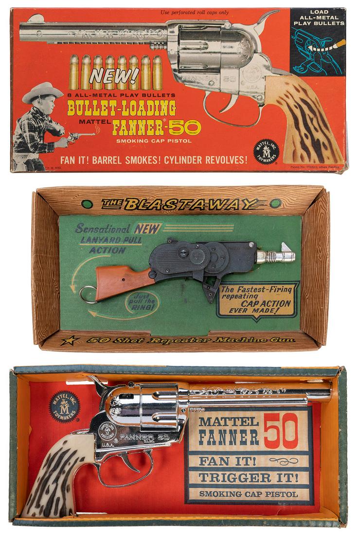 Group of 3 Cap Gun Pistol Sets with Boxes. Los Angeles and ...: Group of 3 Cap Gun Pistol Sets with Boxes. Los Angeles and New York: Mattel, Inc., and Louis Marx & Co., ca. 1950s. 2 Mattel “Fanner 50” gun sets (“Bullet-Loading Fanner-50” an