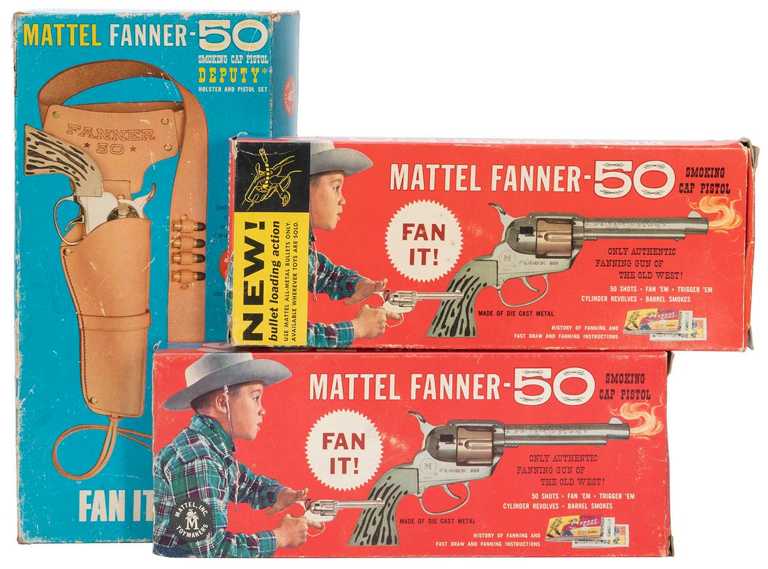 Group of 3 Mattel Fanner-50 Smoking Cap Pistol Sets with Bo...: Group of 3 Mattel Fanner-50 Smoking Cap Pistol Sets with Boxes. Los Angeles: Mattel, Inc., ca. 1950-60s. Three cap pistols, one with original holster and 3 (of 4) original toy bullets and instructions