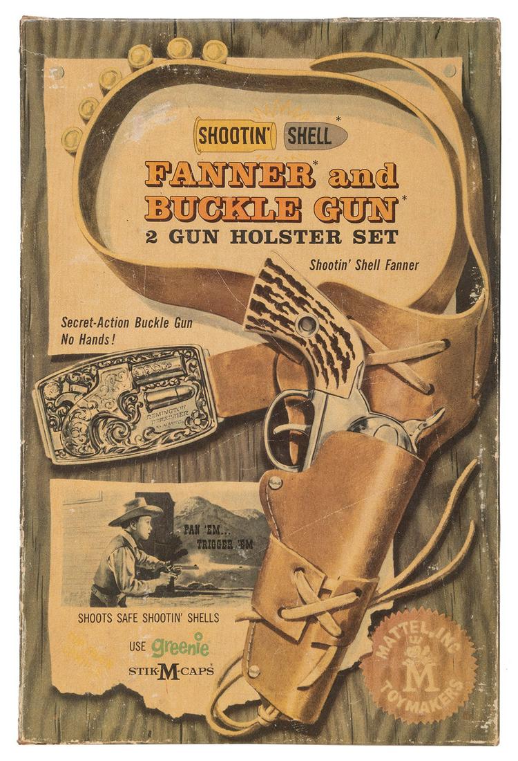 Mattel Fanner and Buckle Gun 2 Gun Holster Set. Los Angeles...: Mattel Fanner and Buckle Gun 2 Gun Holster Set. Los Angeles: Mattel, Inc. 1958. Two-gun set with cowhide leather belt holster; original holster belt and pictorial cardboard box, including “Shoot
