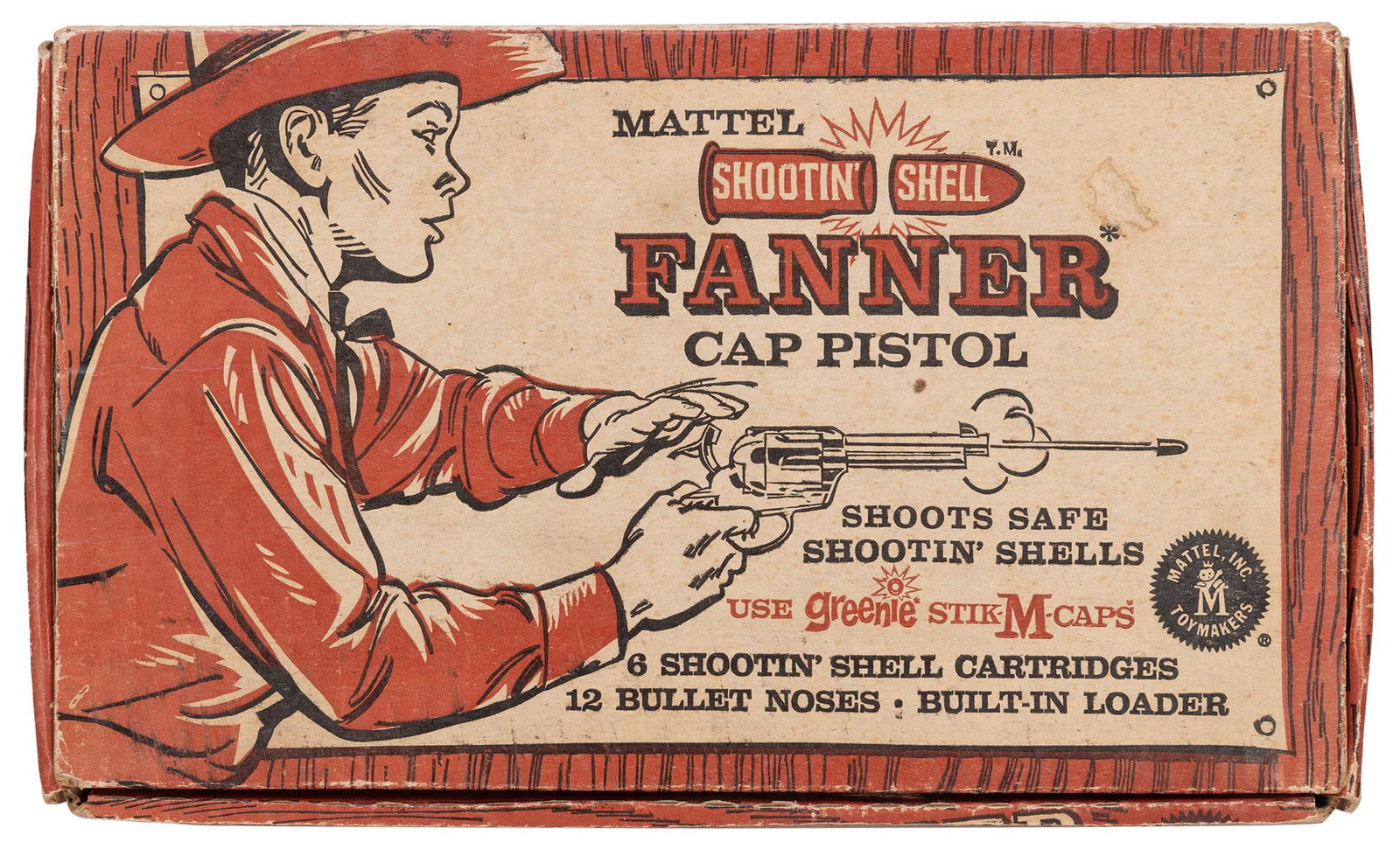 Mattel Shootiní Shell Fanner Cap Pistol. Los Angeles: Matte...: Mattel Shootin’ Shell Fanner Cap Pistol. Los Angeles: Mattel, Inc., 1958. Original metal and plastic “six-shooter” cap gun with toy bullets in original cloth bag. In rare, original p