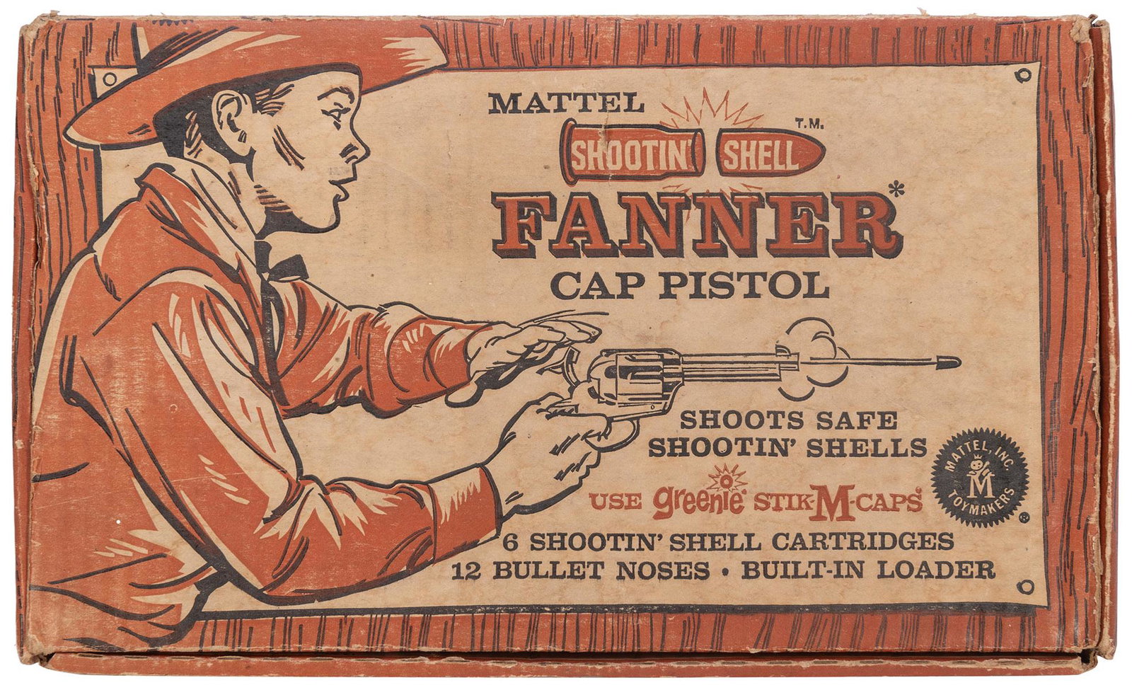 Mattel Shootiní Shell Fanner Cap Pistol. Los Angeles: Matte...: Mattel Shootin’ Shell Fanner Cap Pistol. Los Angeles: Mattel, Inc., 1958. Original metal and plastic “six-shooter” cap gun in original cloth bag, with rare original pictorial cardboa