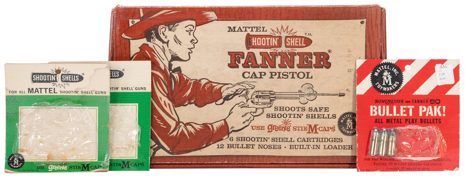 Mattel Shootiní Shell Fanner Cap Pistol. Los Angeles: Matte...: Mattel Shootin’ Shell Fanner Cap Pistol. Los Angeles: Mattel, Inc., 1958. Original metal and plastic “six-shooter” cap gun in original cloth bag, in the rare original pictorial cardb