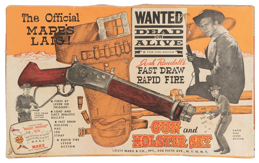 The Official Mare's Laig Wanted Dead or Alive Josh Randallí...: The Official Mare’s Laig Wanted Dead or Alive Josh Randall’s Fast Draw Rapid Fire Gun and Holster Set. Marx Toys, ca. 1958-61. Original set with plastic holster and metal buckle; plastic b