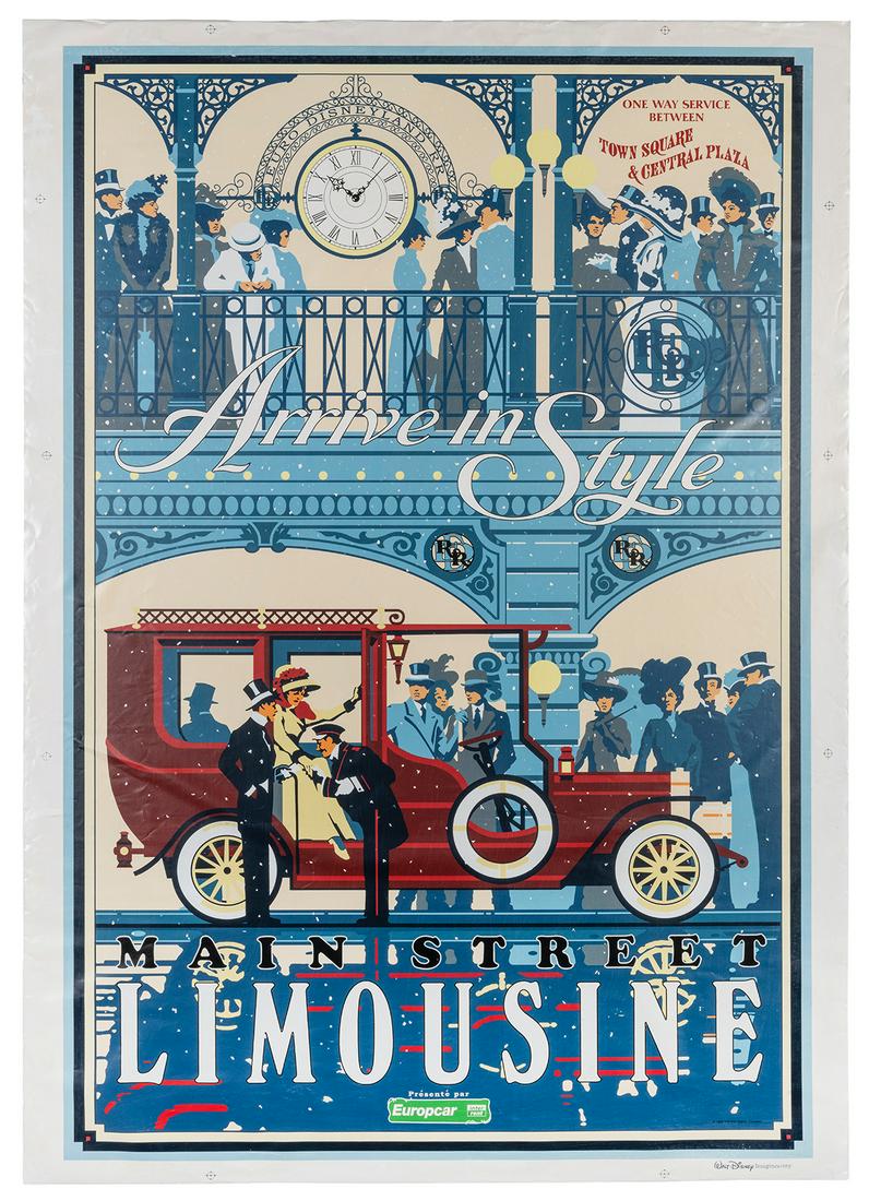 [DISNEY]. Main Street Limousine / Arrive in Style. 1992. Wa...: [DISNEY]. Main Street Limousine / Arrive in Style. 1992. Walt Disney Imagineering. Created by John Hull, Eddie Sotto, and Louis Lemoine for the opening of Euro Disneyland. 47 x 33”. Unbacked. Cr