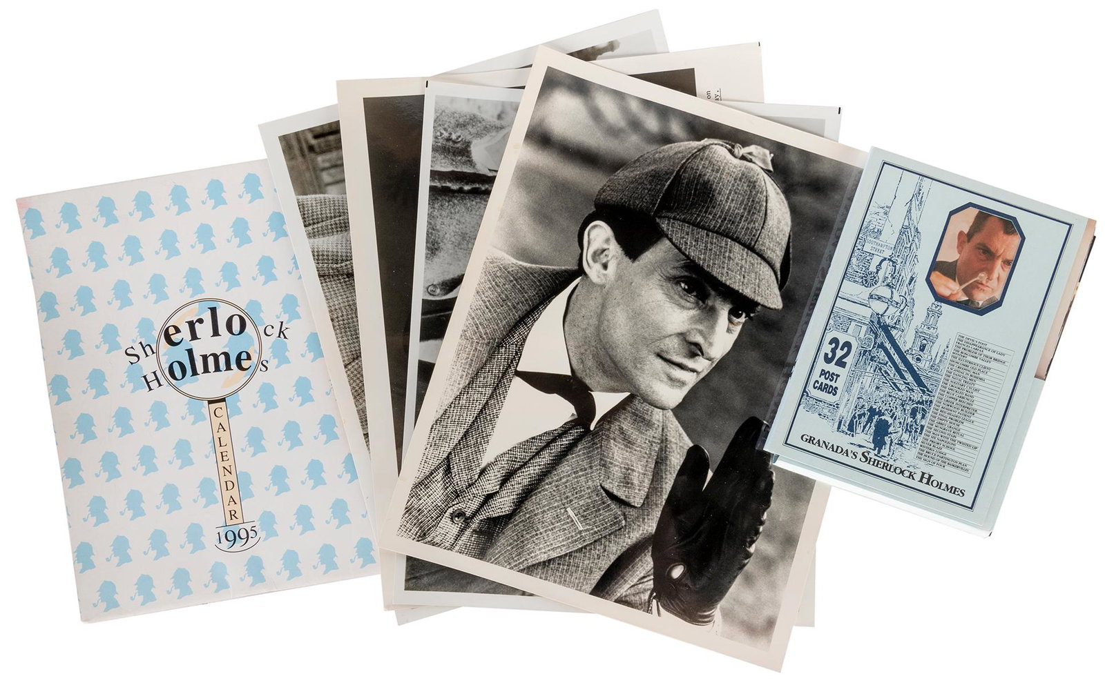BRETT, Jeremy (1933-1995). A group of 4 collectibles relate...: BRETT, Jeremy (1933-1995). A group of 4 collectibles related to Brett as Sherlock Holmes. Including: First day envelope of The Hound of the Baskervilles postage stamp, with silk-screen image of Brett