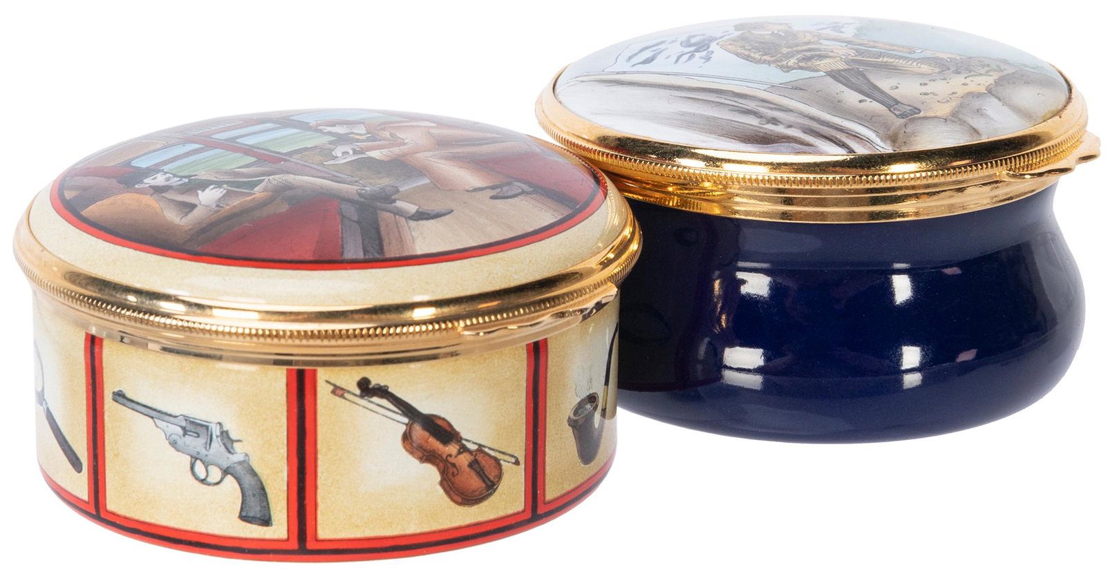 A pair of Sherlock Holmes hand-painted enamel pill/trinket ...: A pair of Sherlock Holmes hand-painted enamel pill/trinket boxes. Including: Halcyon Days Pill box. LIMITED EDITION, number 235 of 250 hand-painted enamel boxes. Approximately 57 mm diameter. With a s