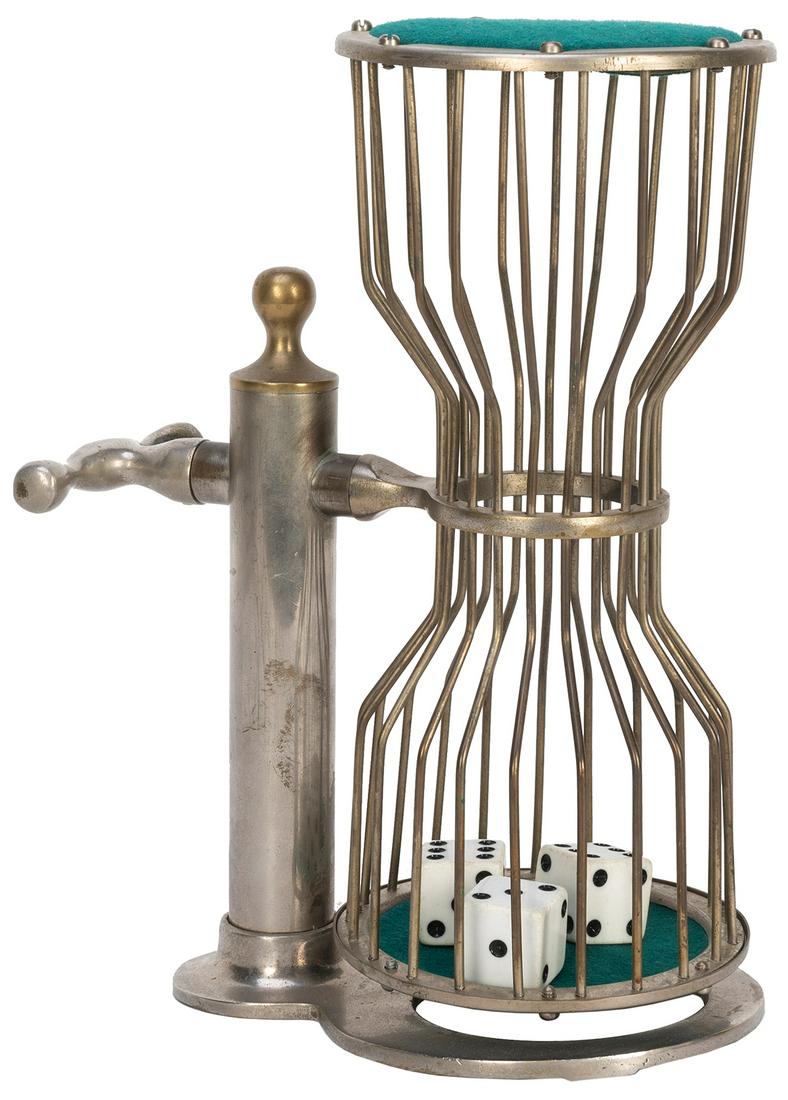 Gaffed Chuck-A-Luck Cage. American, ca. 1950. German silver...: Gaffed Chuck-A-Luck Cage. American, ca. 1950. German silver cage rotates on axis to roll the dice inside. With three large magnetic (“mag”) dice inside that can be controlled by the operat