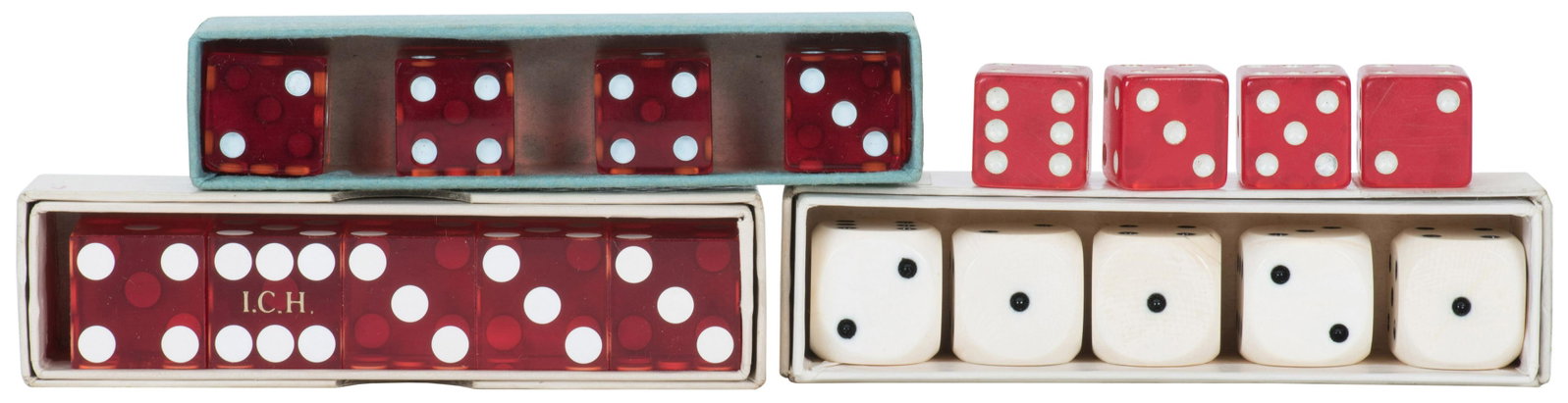 Four Boxes of Gaffed and Straight Dice. Including high numb...: Four Boxes of Gaffed and Straight Dice. Including high number, tops, and edgework.