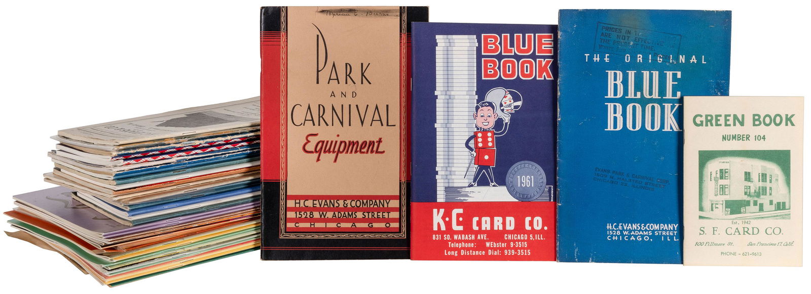 Lot of 22 gambling supply catalogs. [V.p., v.d.]. Original ...: Lot of 22 gambling supply catalogs. [V.p., v.d.]. Original wrappers. Some wear, soiling. Generally, good. Includes several copies of the Secret Blue Book by H. C. Evans and Co., and a few from the Mea
