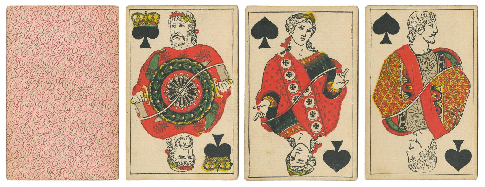 French Greek design playing cards. Late 19th/early 20th cen...: French Greek design playing cards. Late 19th/early 20th century. 52/52. Block and stencil, polished surfaces. Pale pink patterned backs. Courts depict ancient Greek kings, queens, and gods. This is an