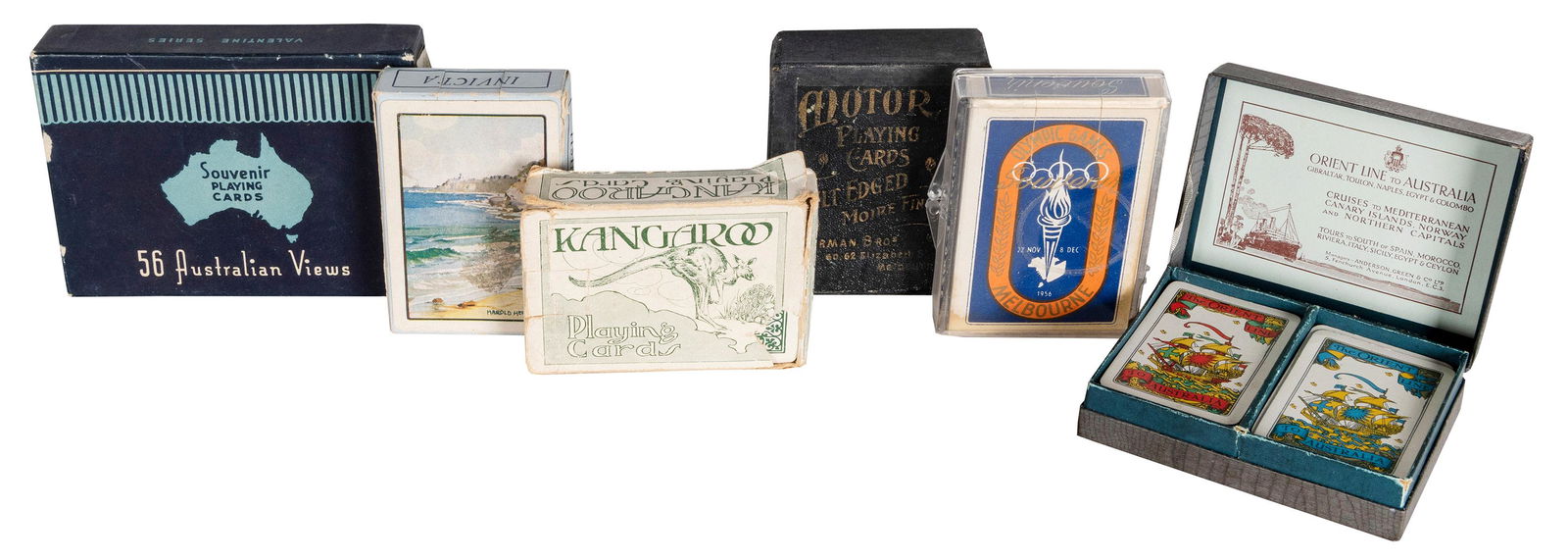 [AUSTRALIA]. Group of six decks and sets of playing cards. ...: [AUSTRALIA]. Group of six decks and sets of playing cards. Including: Melbourne 1956 Olympics (sealed; box skinned); Invicta Playing Cards (backs designed by painter Harold Herbert), 52 + OB; Motor Pl
