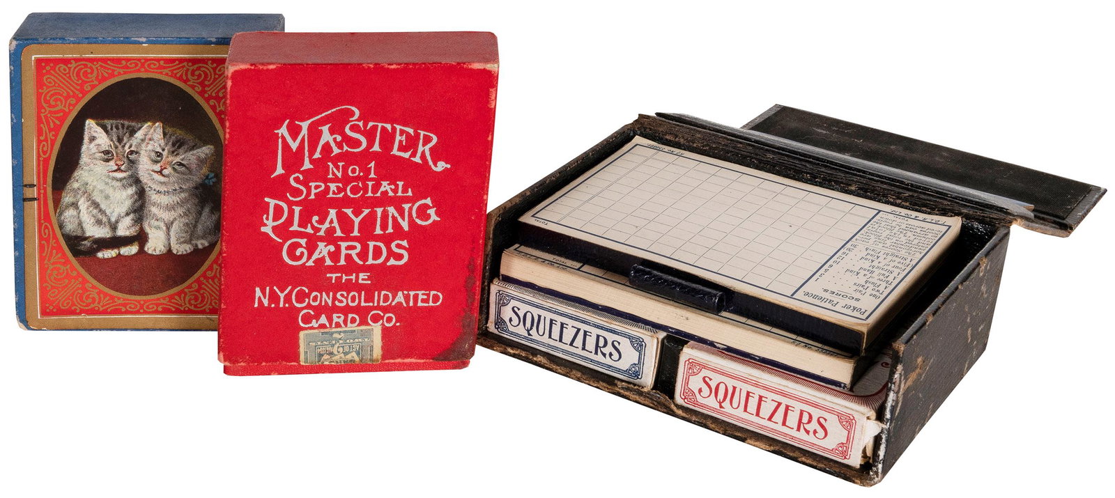 Group of N.Y. Consolidated Card Co. Decks. New York, ca. 18...: Group of N.Y. Consolidated Card Co. Decks. New York, ca. 1890s-1920s. Includes Elf No. 93 (Hochman NY63) 52 + J. Double deck set. – Patent Squeezers deck, 52 + J + OB, near mint. – and Tri