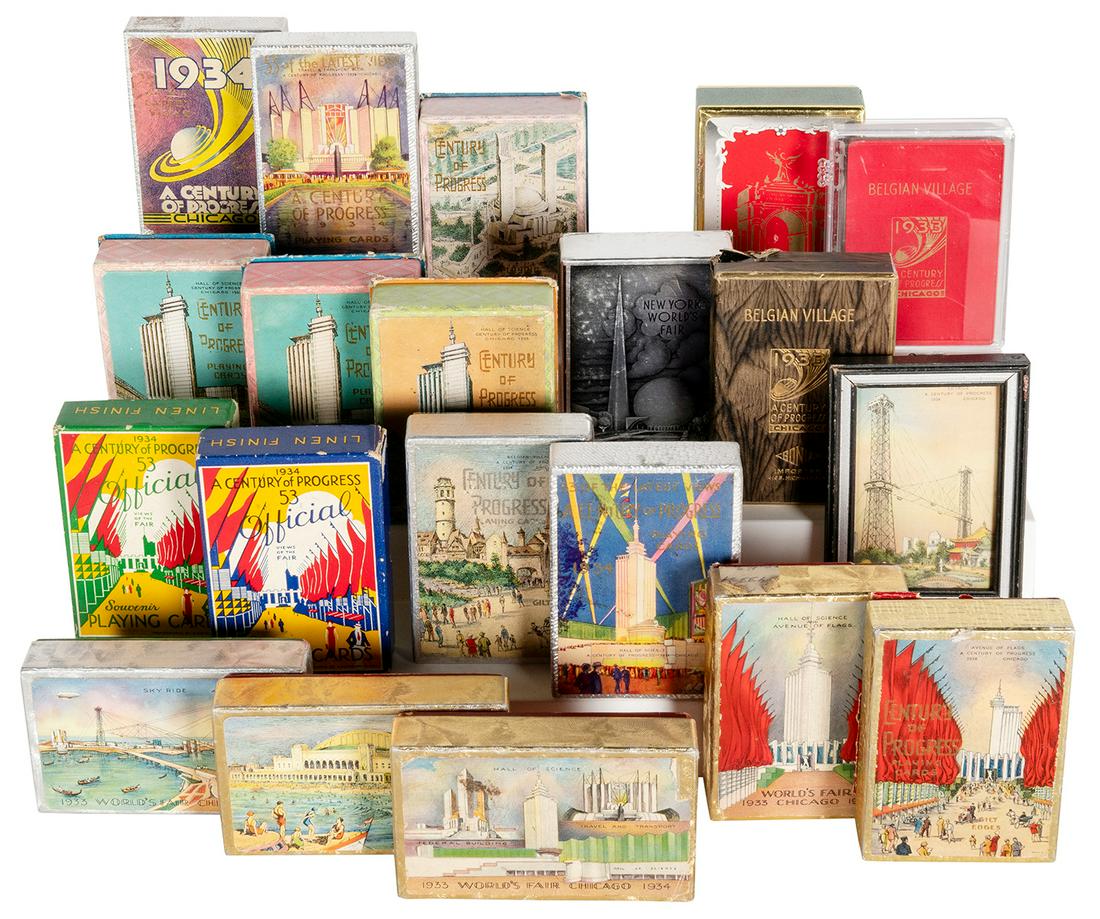 Collection of 1933-34 Chicago Century of Progress Playing C...: Collection of 1933-34 Chicago Century of Progress Playing Card Decks. A group of 22 souvenir decks of cards from the Chicago Century of Progress International Exposition, and one New York Worldâ€��