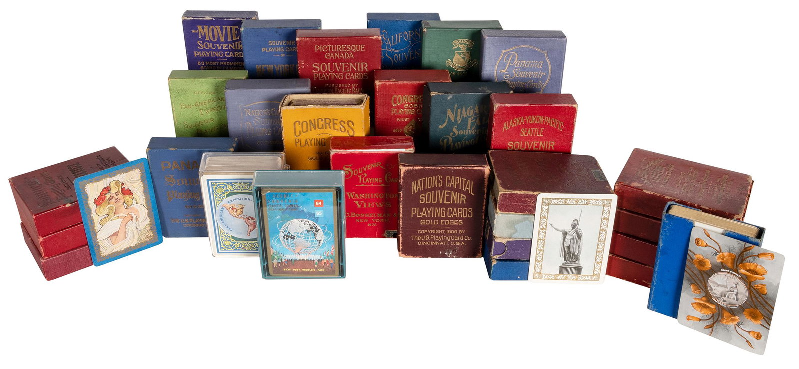 Collection of Souvenir Playing Card Decks. Bulk early 20th ...: Collection of Souvenir Playing Card Decks. Bulk early 20th century. 32 decks total. Includes Picturesque Canada; Washington Views; Panama; Jamestown Exposition Souvenir; Nation’s Capital Souveni