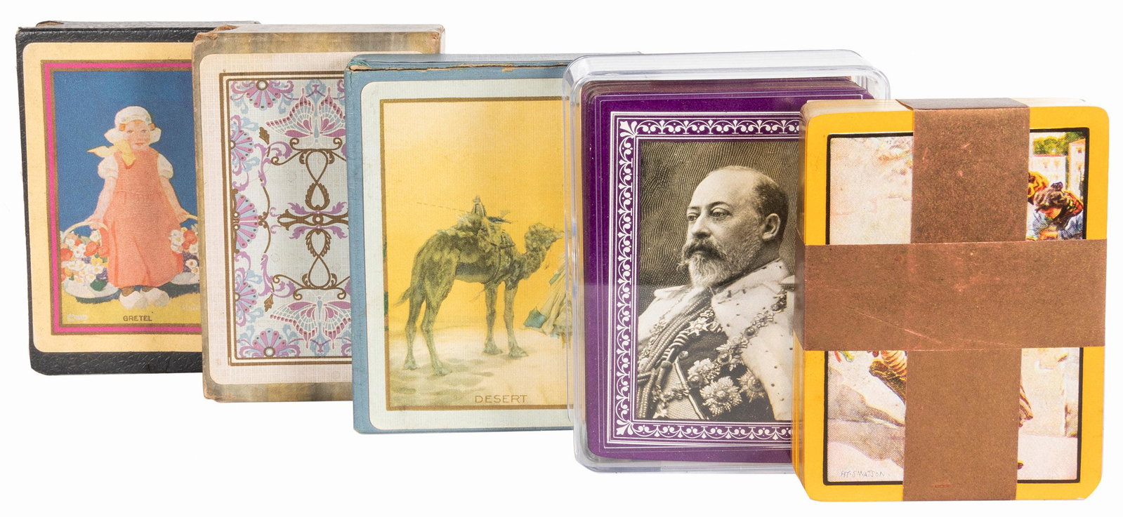 Five Congress Playing Card Decks. Three wide and two narrow...: Five Congress Playing Card Decks. Three wide and two narrow Congress decks, one mint with stamp. Various backs including Gretel, Desert, and others. Three with boxes.