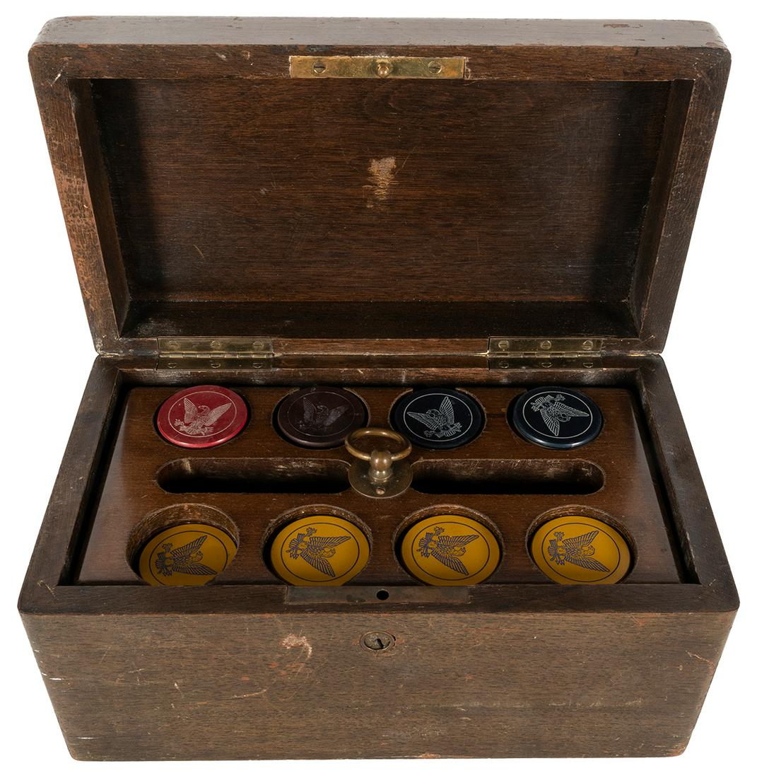Two cased sets of eagle design clay poker chips. Two wooden... (1 of 6)