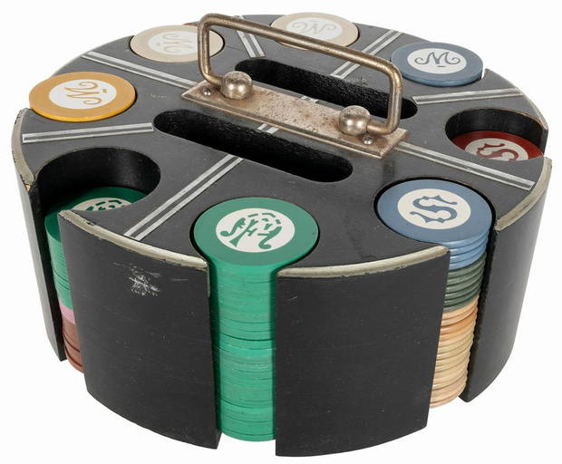 Three Caddies Of Monogram Clay Poker Chips. Three Caddies W...