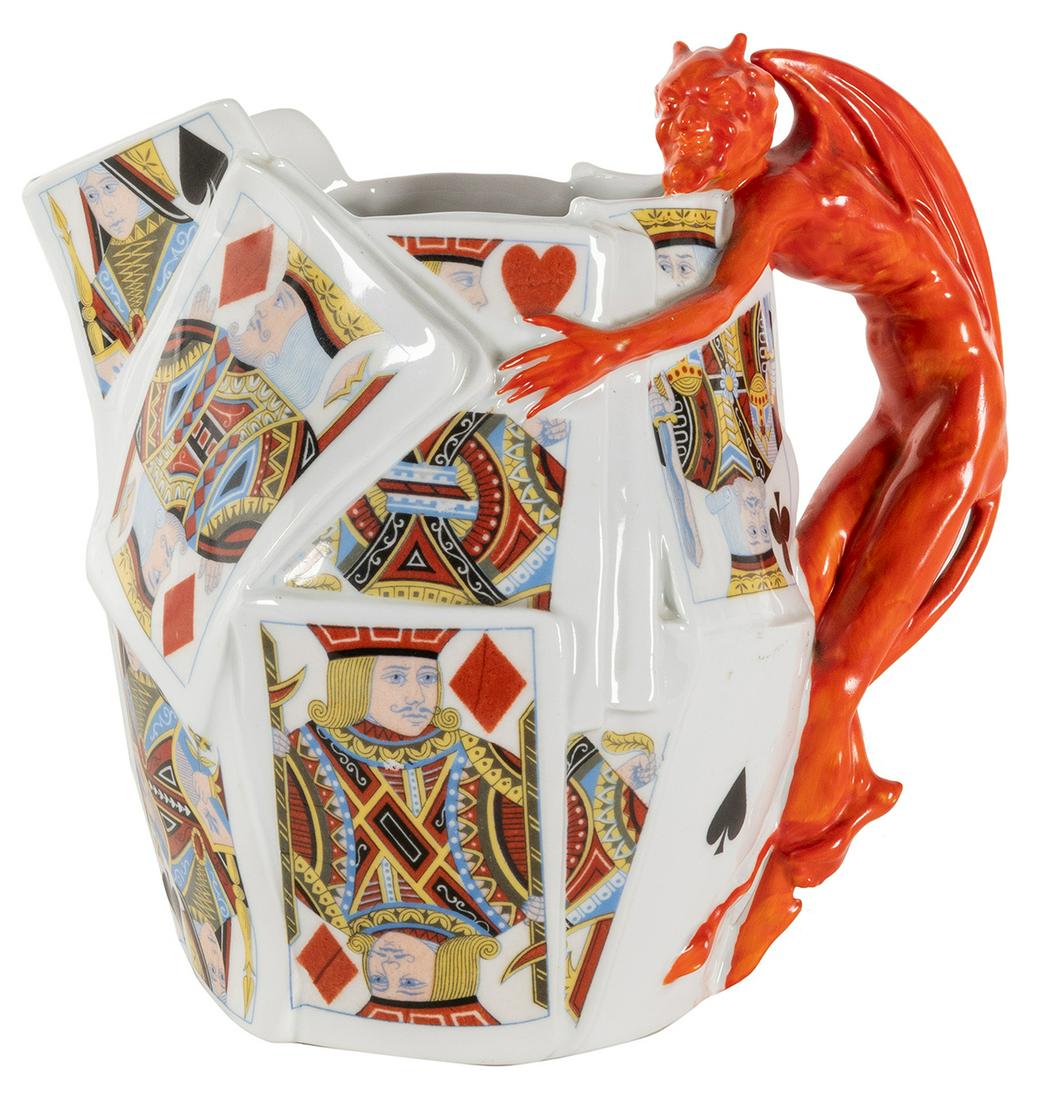 Royal Bayreuth Devil and Cards Pitcher. A smiling devil cra... (1 of 1)