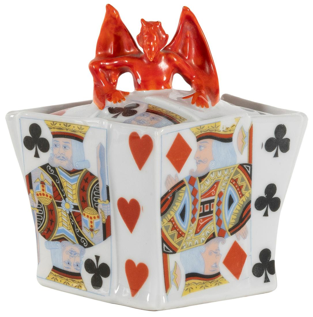 Royal Bayreuth Devil and Cards Covered Sugar. Height 4 ½”. ...: Royal Bayreuth Devil and Cards Covered Sugar. Height 4 ½”. Very good, stamp on underside.