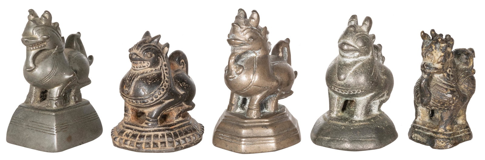 A group of 5 “Foo Dog” opium weights. [China or Thailand?, ...: A group of 5 “Foo Dog” opium weights. [China or Thailand?, ca. 1880s]. 5 small bronze or pewter (?) “Foo Dog” weights. Size approximately 70 x 45 mm and slightly smaller.