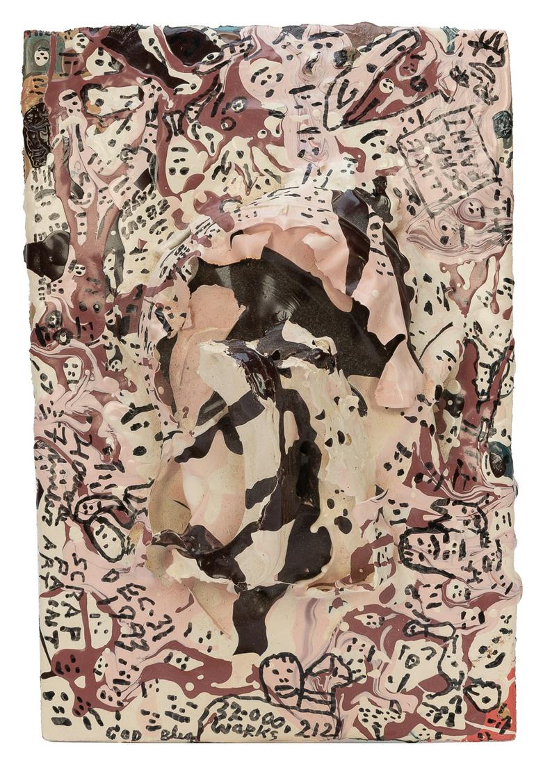 FINSTER, Howard (American, 1916-2001). Scrap Paint Art (Blo...: FINSTER, Howard (American, 1916-2001). Scrap Paint Art (Blob painting) #32,212. 1993. Thick layered paint on wood, with marker design on front and captions on rear. Signed verso. 7 ½ x 5”. 