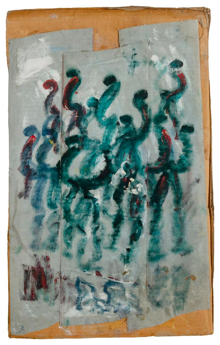YOUNG, Purvis (American, 1943-2010). Untitled Abstract. [N....: YOUNG, Purvis (American, 1943-2010). Untitled Abstract. [N.d.]. Mixed media on found cloth remnants on cardboard. Signed by the artist at the upper right-hand corner. 25 x 15”. Unusual patterns 