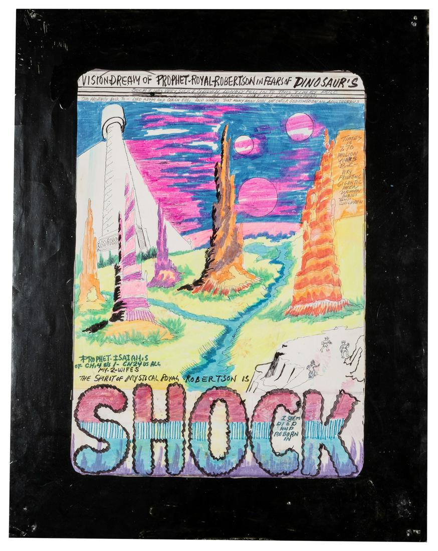 ROBERTSON, “Prophet” Royal (American, 1930-1997). Shock. Mu...: ROBERTSON, “Prophet” Royal (American, 1930-1997). Shock. Multi-color marker, tempera paint on posterboard, on both sides (one side of poster has a black enamel painted border). 28 x 22R