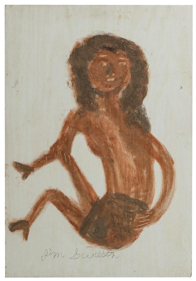 SUDDUTH, Jimmy Lee (American, 1910-2007). Woman in Skirt. P...: SUDDUTH, Jimmy Lee (American, 1910-2007). Woman in Skirt. Sweed mud and paint on plywood. Signed lower margin. 36 x 24”. Minor wear. Good condition.