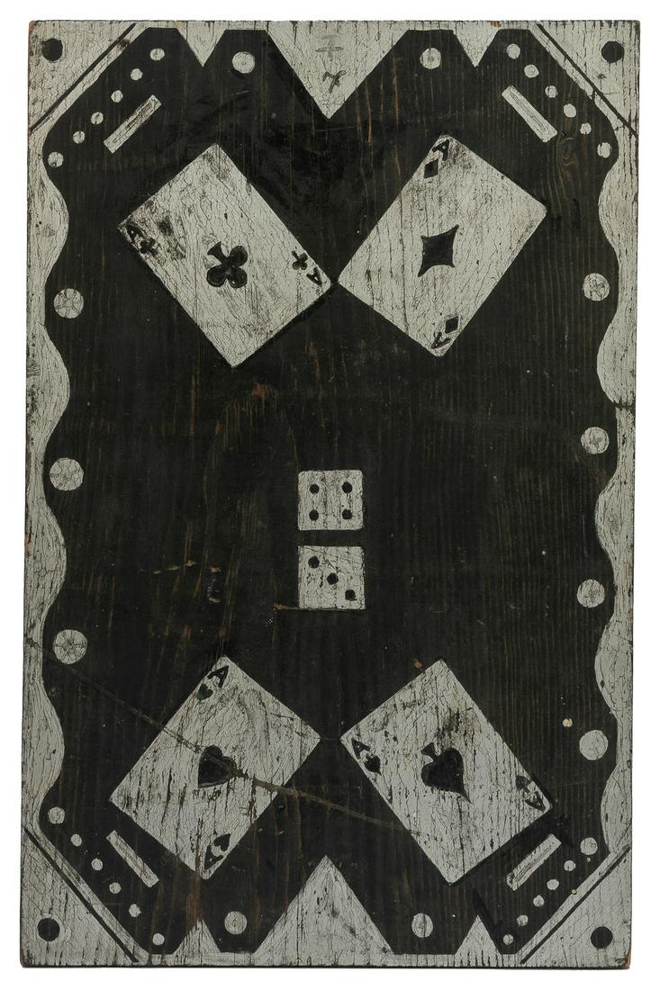 Folk Art Painting of Aces and Dice. ca. 1960s. Artist Unkno...: Folk Art Painting of Aces and Dice. ca. 1960s. Artist Unknown. Paint on wood panel. 18 x 11”. Surface dirt. Other random marks overall. Silver and black rendition of a Suite of Aces and Lucky 7 