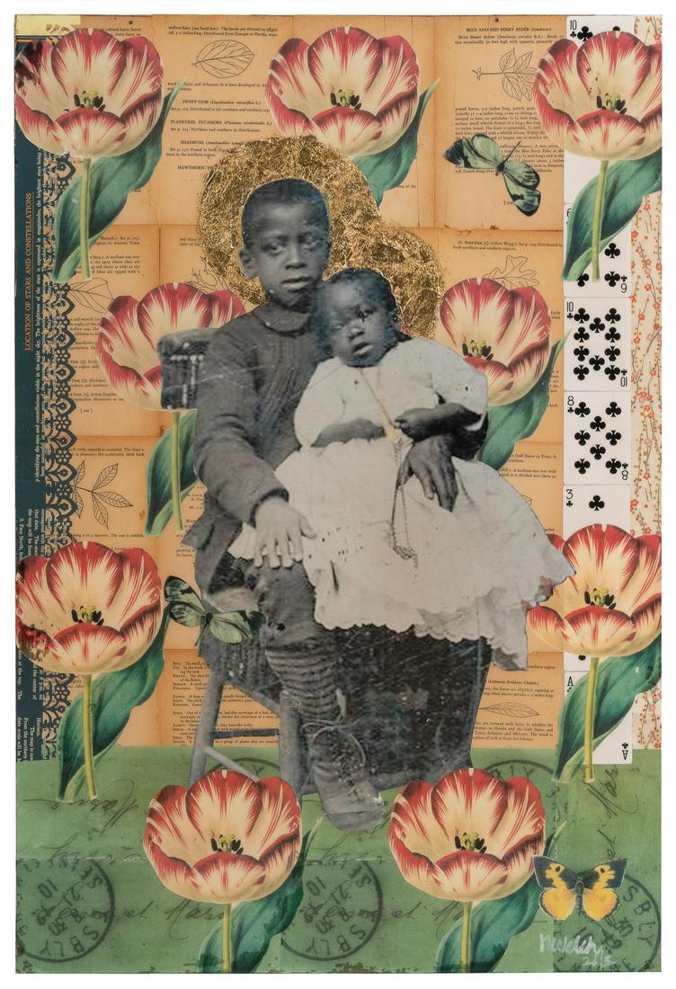 WELCH, Raub (American, 20th Century). Boy and Baby. 2013. M...: WELCH, Raub (American, 20th Century). Boy and Baby. 2013. Mixed media collage on board. Signed lower right corner. 35 ¾ x 24”. Lower reinforcement bar never attached. Other 3 intact with co