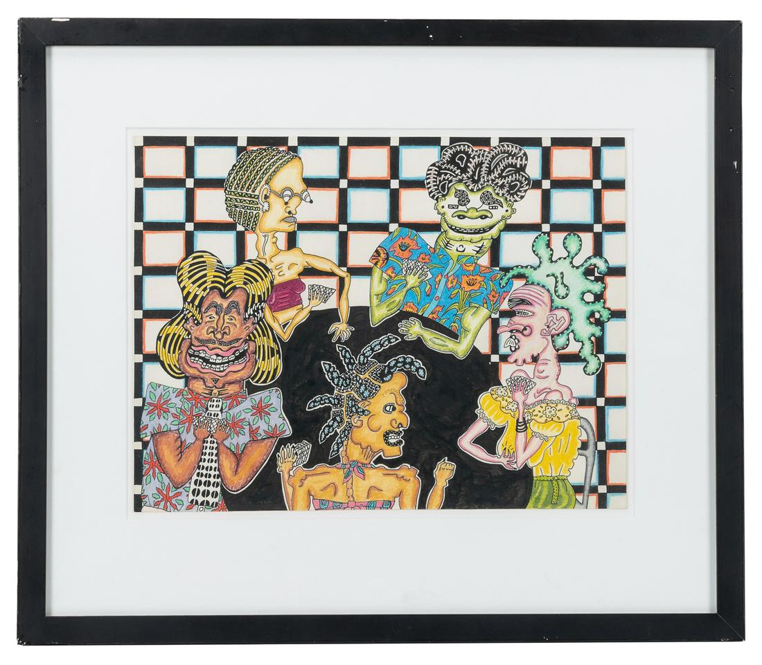 GUNN, Lorri (American, b. 1942). Imagists Playing Cards. No...: GUNN, Lorri (American, b. 1942). Imagists Playing Cards. Not dated. Colored pencil on paper. Unsigned. 11 x 14 ½”. Frame (glass): 18 ¼ x 21 ¼”. Mild wear to frame. Not exami