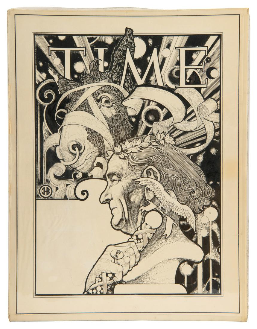 BRESLOW, Jack H. (American, b. 1927) Original pen and ink d...: BRESLOW, Jack H. (American, b. 1927) Original pen and ink drawing for a proposed cover for Time Magazine, featuring Lyndon B. Johnson and a Donkey. [Forest Hills, NY, ca. 1960s]. Drawing on illustrati