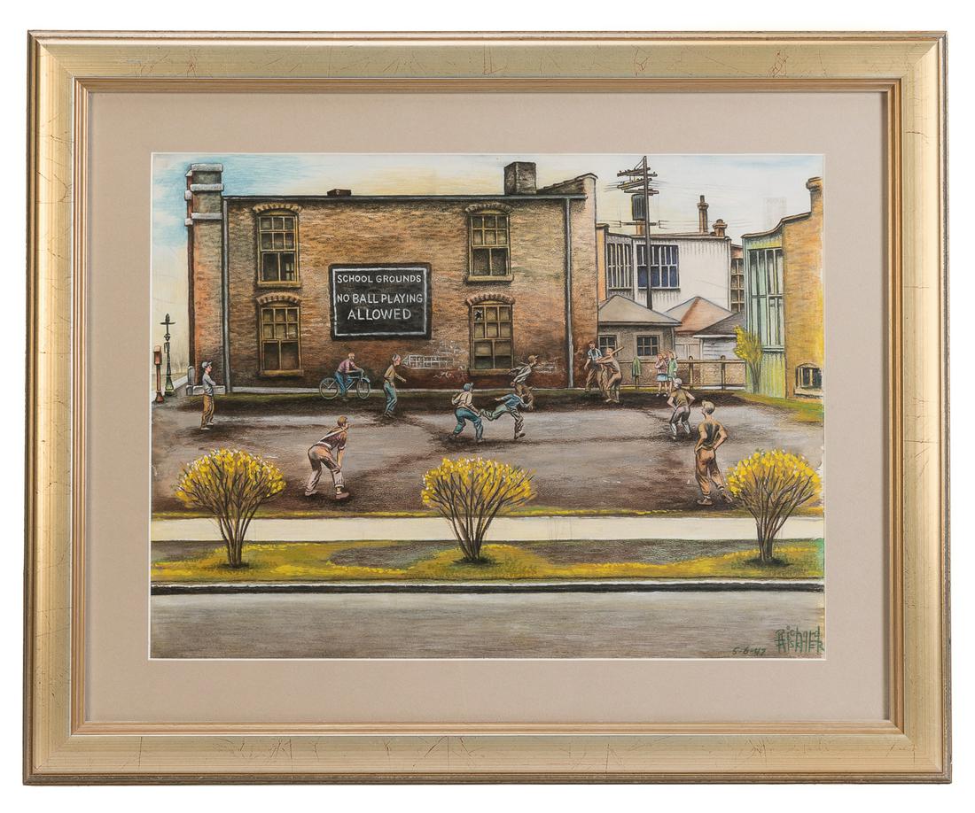 WPA Style Illustration of Pick-up Baseball Game. Signed and... (1 of 1)