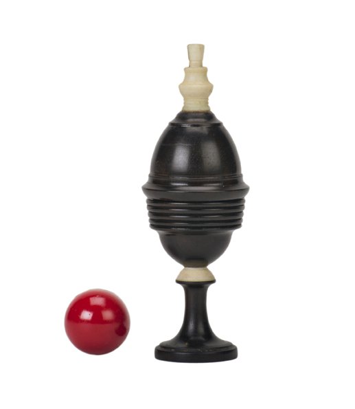 Ebony & Ivory Ball Vase. Lake Forest, John McKinven,: Ebony & Ivory Ball Vase. Lake Forest, John McKinven, ca. 1995. A red ball vanishes and reappears inside a small wooden vase. Finial features spring-loaded plunger gimmick. Finial and accent of turned