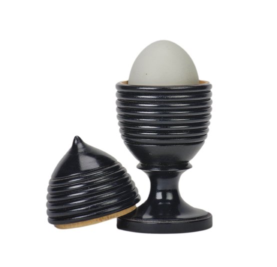 Egg Vase. Lake Forest, John McKinven, ca. 1990.: Egg Vase. Lake Forest, John McKinven, ca. 1990. An egg is removed from a wooden vase and reappears inside. Hand-turned hardwood vase lacquered in black with faux white egg. 5 ¾” tall. Hallmarked. V
