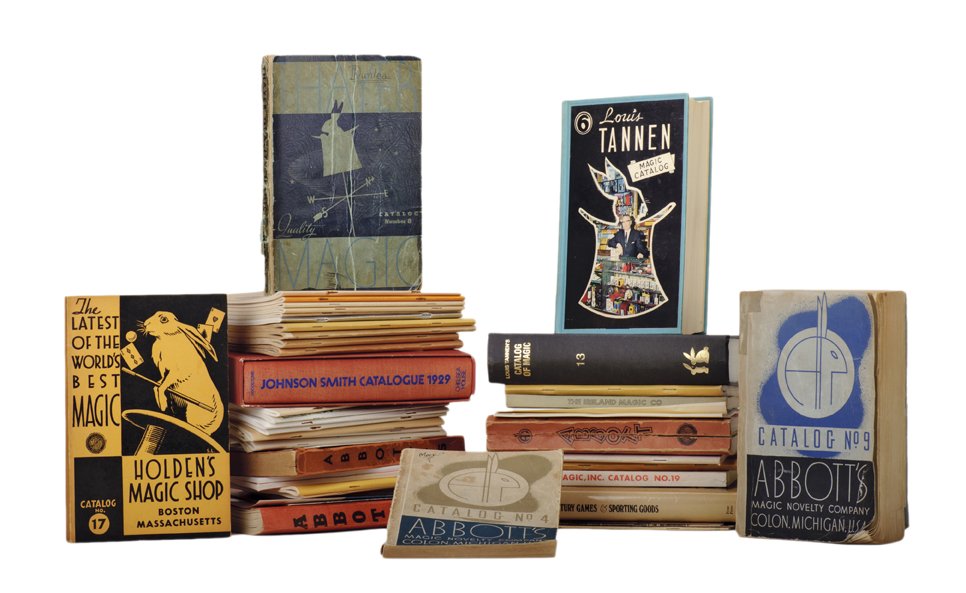 Collection of over 40 vintage magic catalogs: [Catalogs] Collection of over 40 vintage magic catalogs. Including examples published by Abbott’s, Holden, Tannen’s, Mario Carrandi (a quantity), Ireland’s, Nelson Enterprises, Snyder’s, Johns