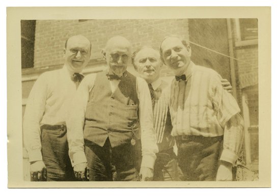 Photograph of Houdini, Downs, Ducrot ca. 1926: Houdini, Harry. Photograph of Houdini, Downs, Ducrot and Powell. New York, ca. 1926. Candid photograph showing four great magicians: T. Nelson Downs, Frank Ducrot, Frederick Eugene Powell and Houdini,