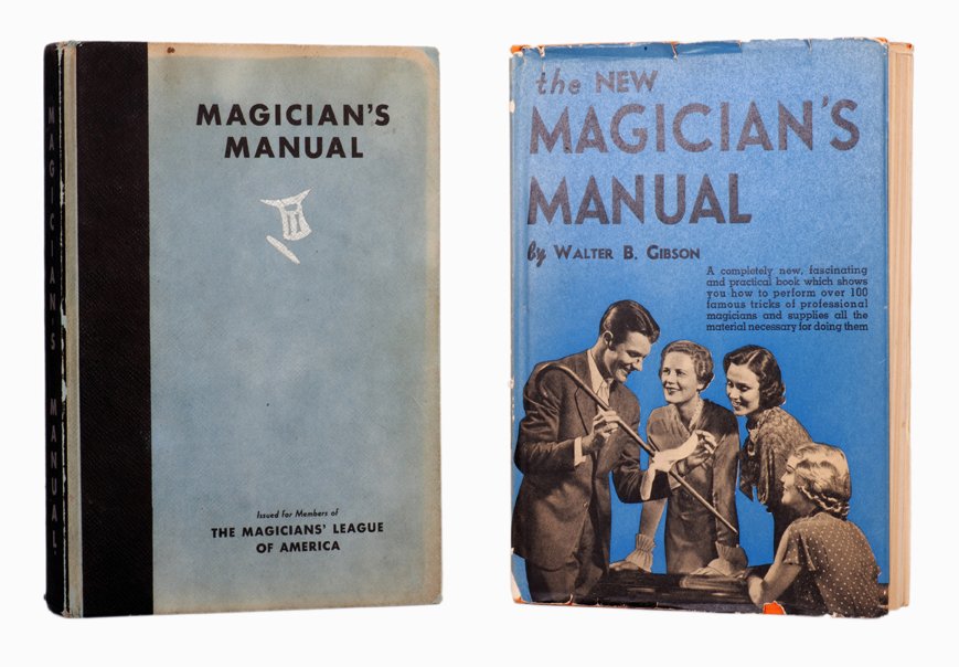 Walter Gibson. The Magician’s Manual & New Manual: Gibson, Walter. The Magician’s Manual and New Magician’s Manual. New York, 1933 and 1936. Publisher’s boards, the latter with pictorial jacket. Illustrated, with all punch-out enclosures and tip