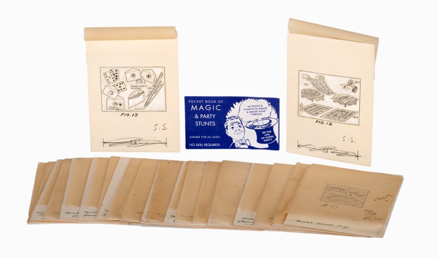 David Robbins. Pocket Book of Magic & Party Stunts: Robbins, David. Pocket Book of Magic & Party Stunts, with original artwork. New York, 1985. Wraps. Illustrated. 24mo. Accompanied by 24 original printer’s paste ups (including original pen-and-ink d