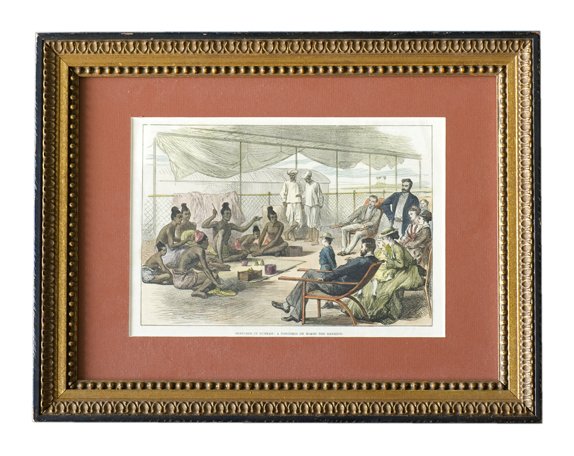 [Cups and Balls] A Conjuror on Board the Rangoon.: [Cups and Balls] A Conjuror on Board the Rangoon hand-tinted engraving. The native magician performs the Cups and Balls on a cloth placed on the ground with spectators looking on. Hand-tinted. 16 ¼ x