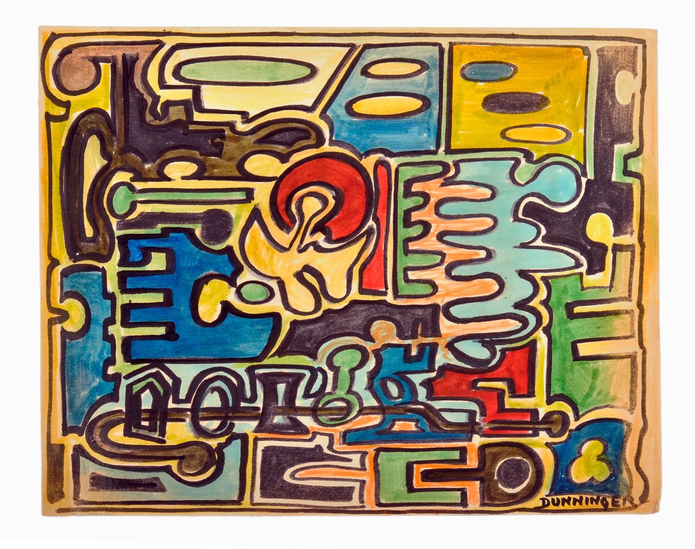 Abstract painting by Joseph Dunninger, mixed media: Dunninger, Joseph. Abstract painting by Joseph Dunninger. Mixed media on paper. Ca. 1965. 14 x 11”. Signed by Dunninger. Small chips and wear at extremities.