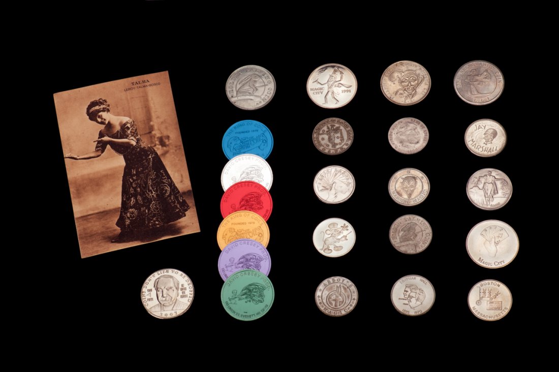 Palming Coins. V.p., v.d. (1940s – 2000s). A group: Palming Coins. V.p., v.d. (1940s – 2000s). A group of 24 specially-minted magician’s palming coins, manufactured for ease of manipulation, including examples by Ireland, Abbott, Roterberg, Holden�