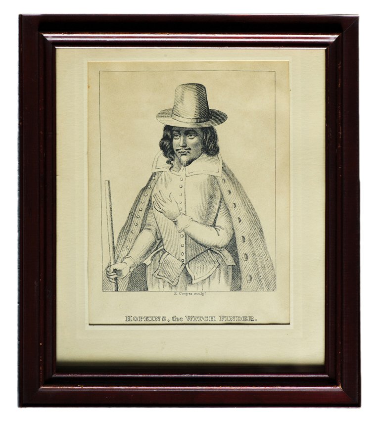 Hopkins the Witch Finder. A vintage print.: [Prints] Hopkins the Witch Finder. A vintage print, together with a group of five framed reproduction vintage magic prints, four of them depicting French 19th century Cups and Balls performers, the fi